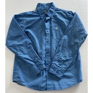 Boys ARIAT Blue Long Sleeve Button Down cowboy Rodeo Western Shirt Sz SMALL